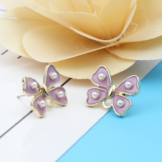 Picture of Zinc Based Alloy & Acrylic Ear Post Stud Earrings Findings Bowknot Gold Plated White & Purple W/ Loop 17mm x 14mm, Post/ Wire Size: (21 gauge), 4 PCs