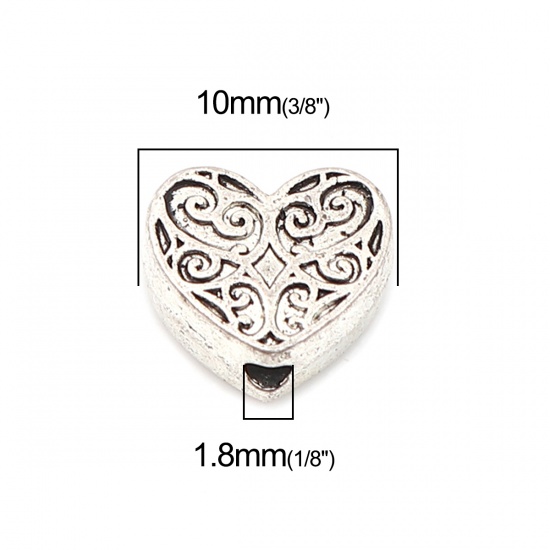 Immagine di Lega di Zinco Perline Cuore Argento Antico Intagliato Scolpisce Circa 10mm x 9mm, Foro:Circa 1.8mm, 100 Pz