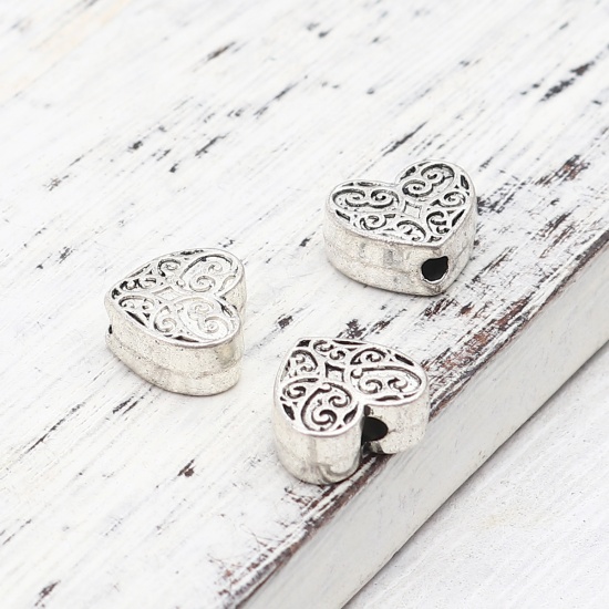 Picture of Zinc Based Alloy Spacer Beads Heart Antique Silver Color Carved Pattern About 10mm x 9mm, Hole: Approx 1.8mm, 100 PCs