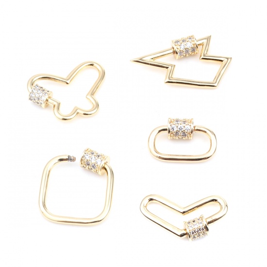 Picture of Zinc Based Alloy Screw Clasps Lightning 18K Gold Color Can Be Screwed Off Clear Rhinestone 27mm x 17mm, 1 Piece
