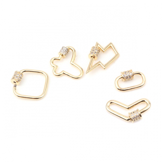 Picture of Zinc Based Alloy Screw Clasps Square 18K Gold Color Can Be Screwed Off Clear Rhinestone 22mm x 20mm, 1 Piece