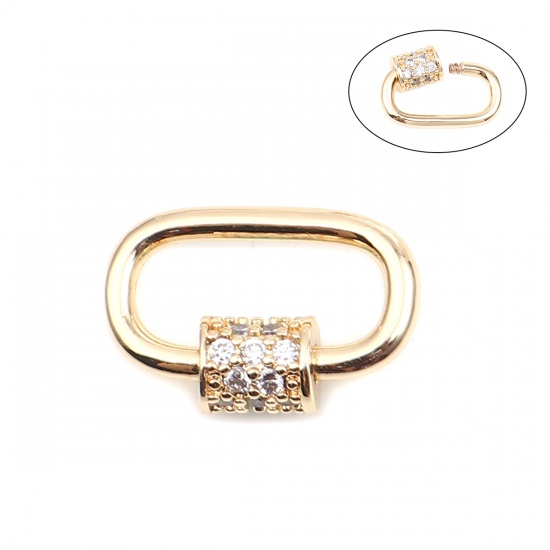 Picture of Zinc Based Alloy Screw Clasps Oval 18K Gold Color Can Be Screwed Off Clear Rhinestone 18mm x 12mm, 1 Piece
