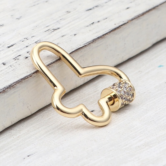 Picture of Zinc Based Alloy Screw Clasps Butterfly Animal 18K Gold Color Can Be Screwed Off Clear Rhinestone 24mm x 19mm, 1 Piece