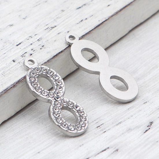 Picture of 304 Stainless Steel Charms Infinity Symbol Silver Tone Clear Rhinestone 26mm x 10mm, 2 PCs