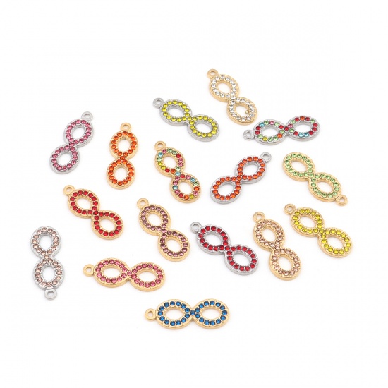 Picture of 304 Stainless Steel Charms Infinity Symbol Silver Tone Multicolor Rhinestone 26mm x 10mm, 2 PCs