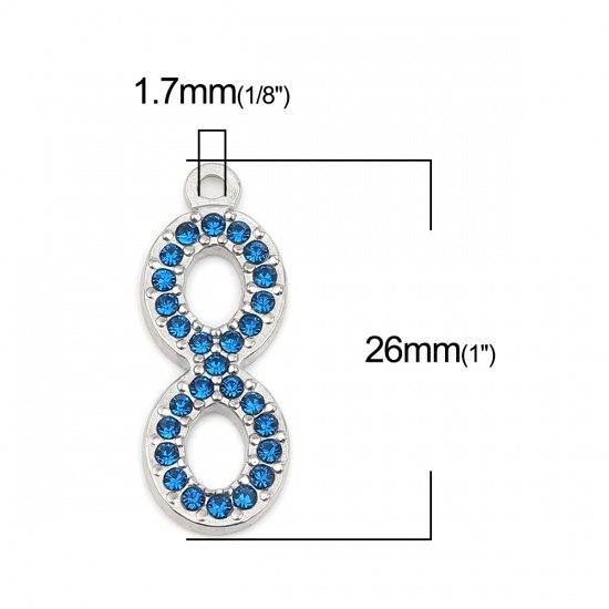 Picture of 304 Stainless Steel Charms Infinity Symbol Silver Tone Dark Blue Rhinestone 26mm x 10mm, 2 PCs