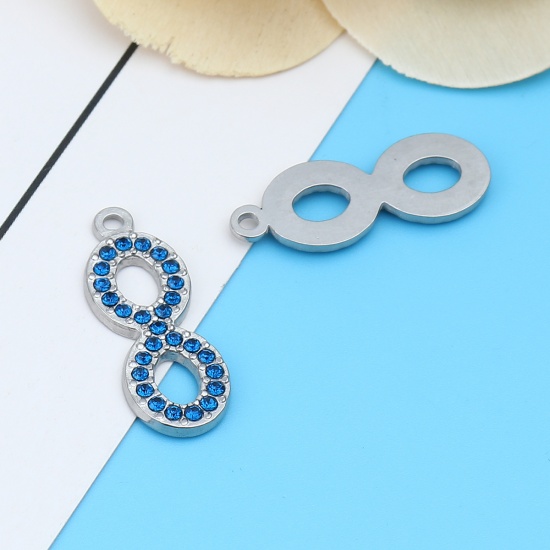 Picture of 304 Stainless Steel Charms Infinity Symbol Silver Tone Dark Blue Rhinestone 26mm x 10mm, 2 PCs