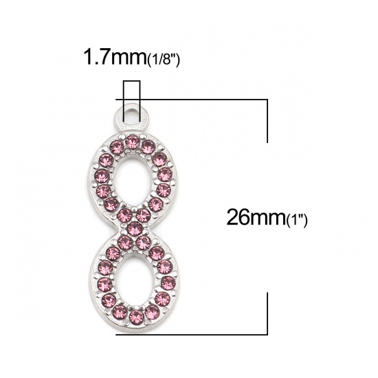 Picture of 304 Stainless Steel Charms Infinity Symbol Silver Tone Pale Lilac Rhinestone 26mm x 10mm, 2 PCs