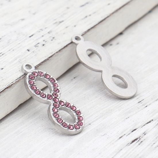 Picture of 304 Stainless Steel Charms Infinity Symbol Silver Tone Pale Lilac Rhinestone 26mm x 10mm, 2 PCs