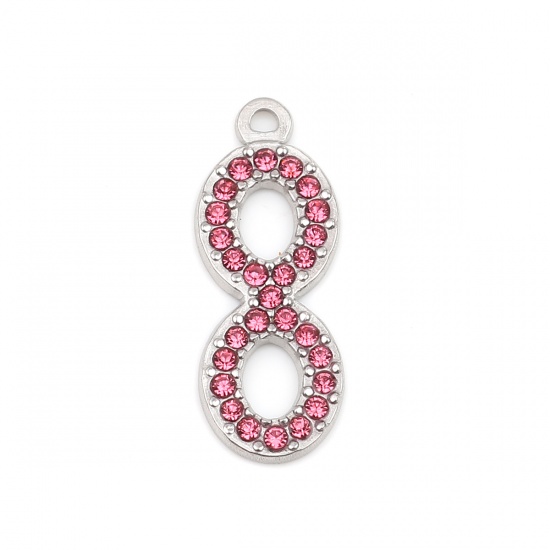Picture of 304 Stainless Steel Charms Infinity Symbol Silver Tone Pink Rhinestone 26mm x 10mm, 2 PCs