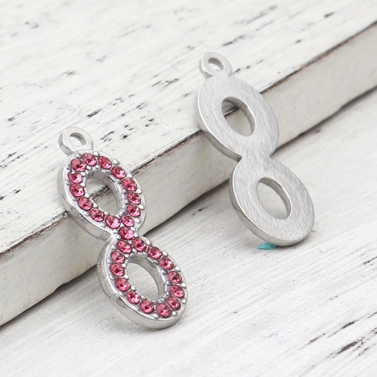 Picture of 304 Stainless Steel Charms Infinity Symbol Silver Tone Pink Rhinestone 26mm x 10mm, 2 PCs