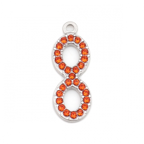 Picture of 304 Stainless Steel Charms Infinity Symbol Silver Tone Orange-red Rhinestone 26mm x 10mm, 2 PCs