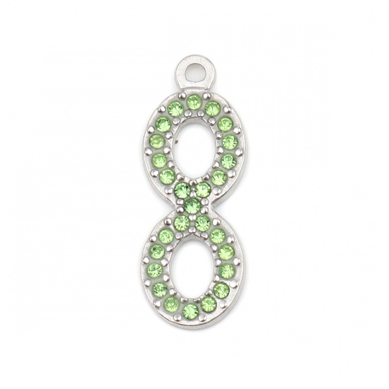 Picture of 304 Stainless Steel Charms Infinity Symbol Silver Tone Green Rhinestone 26mm x 10mm, 2 PCs