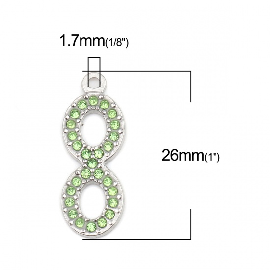 Picture of 304 Stainless Steel Charms Infinity Symbol Silver Tone Green Rhinestone 26mm x 10mm, 2 PCs
