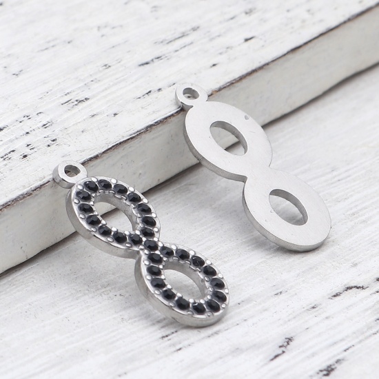Picture of 304 Stainless Steel Charms Infinity Symbol Silver Tone Black Rhinestone 26mm x 10mm, 2 PCs