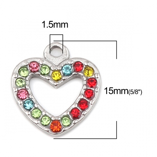 Picture of 304 Stainless Steel Charms Heart Silver Tone Multicolor Rhinestone 15mm x 14mm, 2 PCs