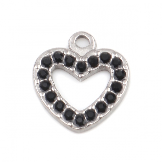 Picture of 304 Stainless Steel Charms Heart Silver Tone Black Rhinestone 15mm x 14mm, 2 PCs