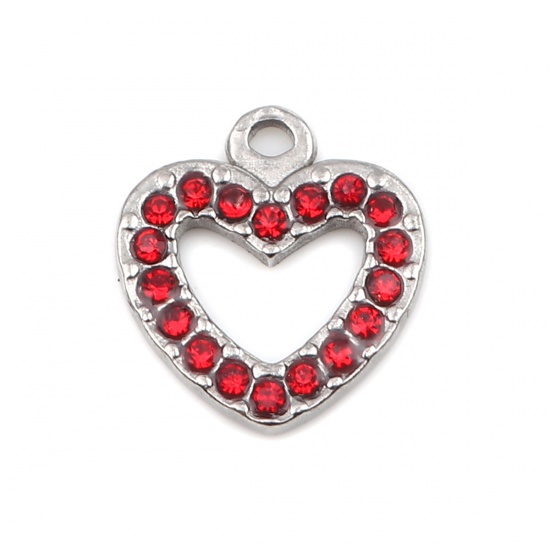 Picture of 304 Stainless Steel Charms Heart Silver Tone Red Rhinestone 15mm x 14mm, 2 PCs