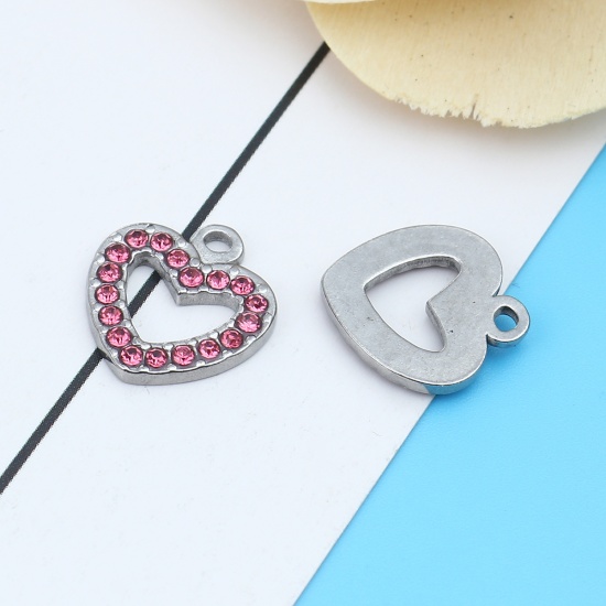 Picture of 304 Stainless Steel Charms Heart Silver Tone Pink Rhinestone 15mm x 14mm, 2 PCs