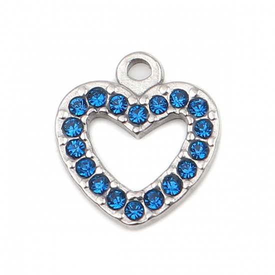Picture of 304 Stainless Steel Charms Heart Silver Tone Dark Blue Rhinestone 15mm x 14mm, 2 PCs