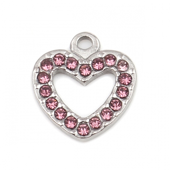Picture of 304 Stainless Steel Charms Heart Silver Tone Pale Lilac Rhinestone 15mm x 14mm, 2 PCs