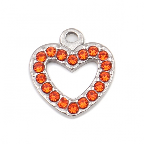 Picture of 304 Stainless Steel Charms Heart Silver Tone Orange-red Rhinestone 15mm x 14mm, 2 PCs