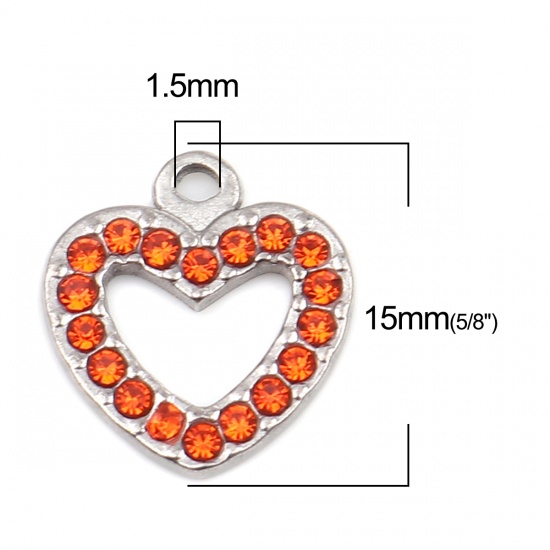Picture of 304 Stainless Steel Charms Heart Silver Tone Orange-red Rhinestone 15mm x 14mm, 2 PCs
