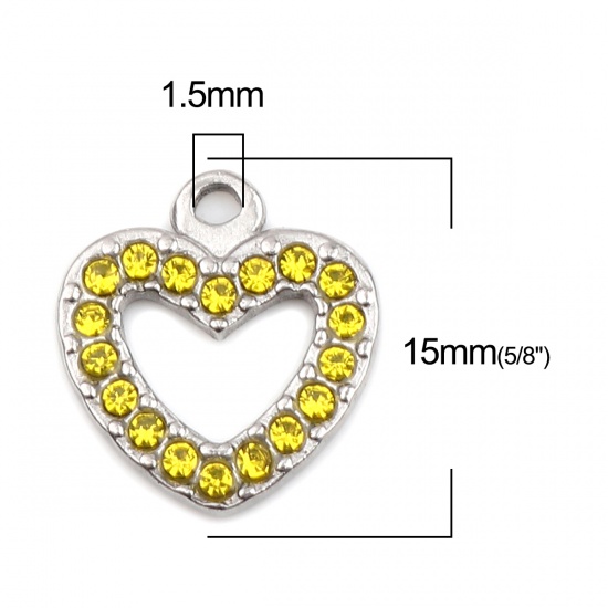 Picture of 304 Stainless Steel Charms Heart Silver Tone Yellow Rhinestone 15mm x 14mm, 2 PCs
