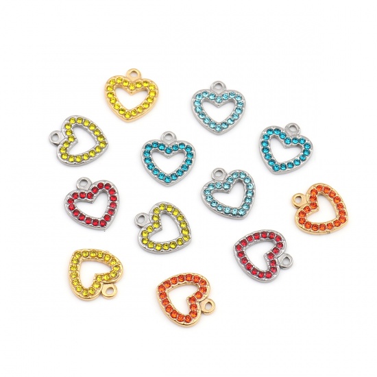 Picture of 304 Stainless Steel Charms Heart Silver Tone Yellow Rhinestone 15mm x 14mm, 2 PCs