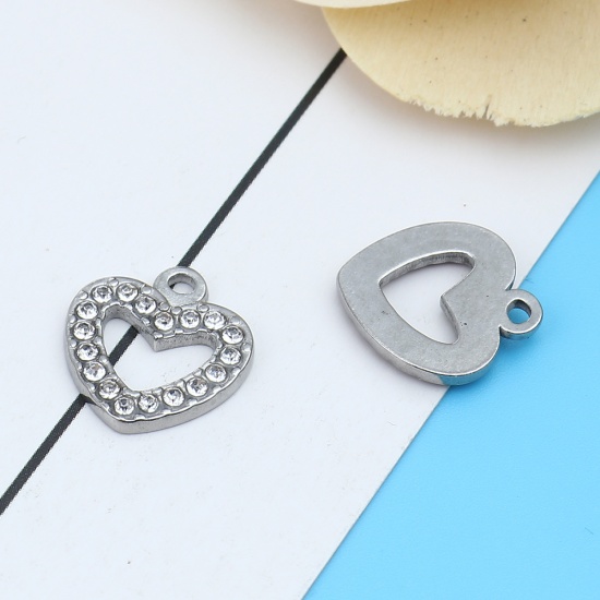 Picture of 304 Stainless Steel Charms Heart Silver Tone Clear Rhinestone 15mm x 14mm, 2 PCs