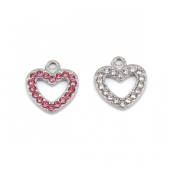 Picture of 304 Stainless Steel Charms Heart Silver Tone Clear Rhinestone 15mm x 14mm, 2 PCs