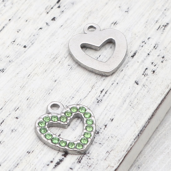 Picture of 304 Stainless Steel Charms Heart Silver Tone Green Rhinestone 15mm x 14mm, 2 PCs