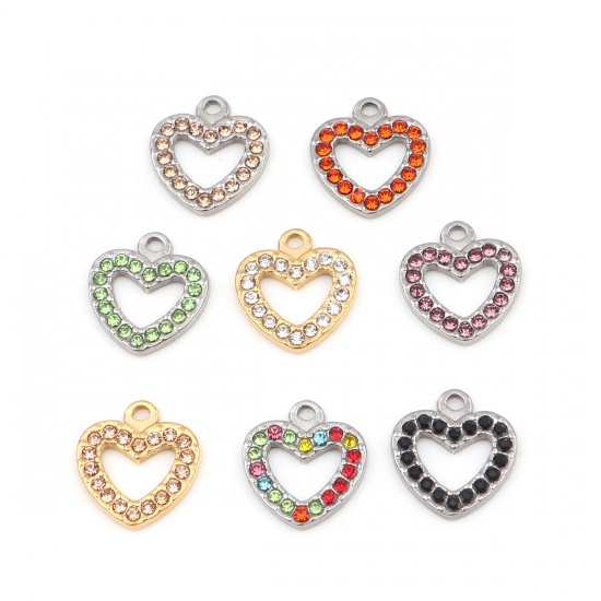 Picture of 304 Stainless Steel Charms Heart Silver Tone Green Rhinestone 15mm x 14mm, 2 PCs