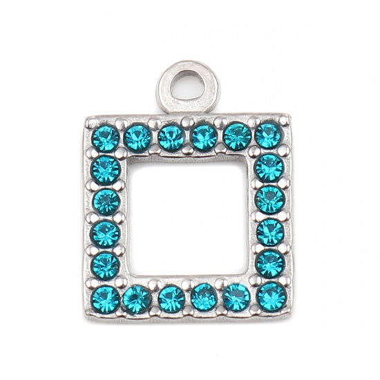 Picture of 304 Stainless Steel Charms Square Silver Tone Lake Blue Rhinestone 16mm x 13mm, 2 PCs