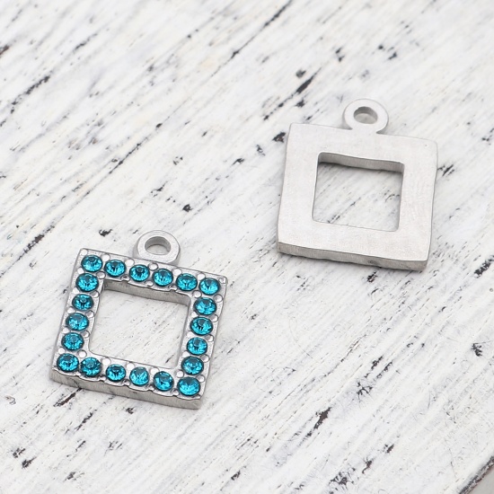 Picture of 304 Stainless Steel Charms Square Silver Tone Lake Blue Rhinestone 16mm x 13mm, 2 PCs