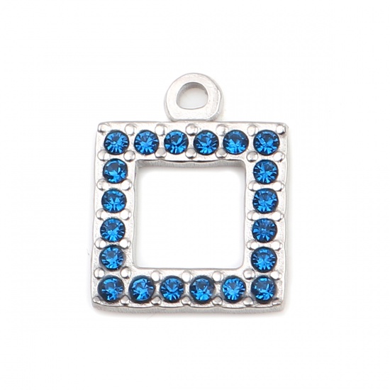 Picture of 304 Stainless Steel Charms Square Silver Tone Dark Blue Rhinestone 16mm x 13mm, 2 PCs