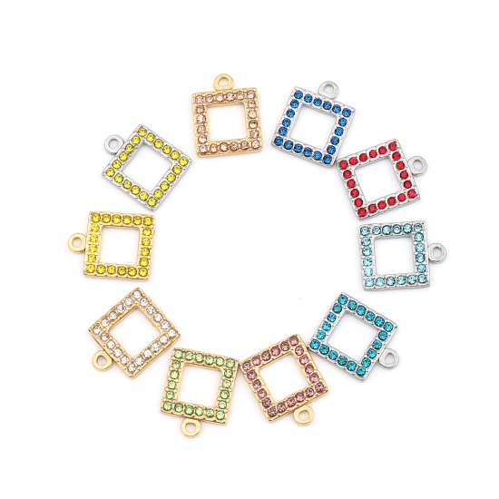 Picture of 304 Stainless Steel Charms Square Silver Tone Dark Blue Rhinestone 16mm x 13mm, 2 PCs