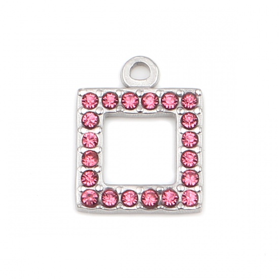 Picture of 304 Stainless Steel Charms Square Silver Tone Pink Rhinestone 16mm x 13mm, 2 PCs