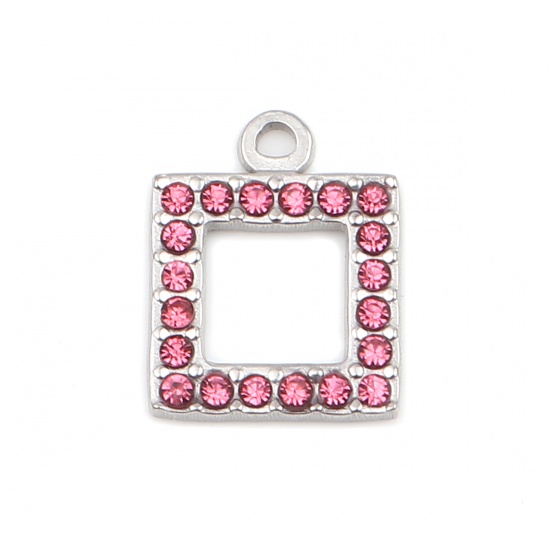 Picture of 304 Stainless Steel Charms Square Silver Tone Pink Rhinestone 16mm x 13mm, 2 PCs