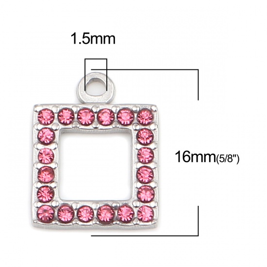 Picture of 304 Stainless Steel Charms Square Silver Tone Pink Rhinestone 16mm x 13mm, 2 PCs