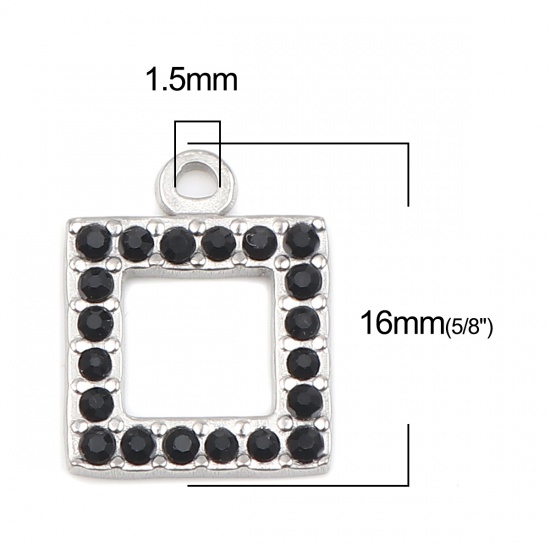 Picture of 304 Stainless Steel Charms Square Silver Tone Black Rhinestone 16mm x 13mm, 2 PCs