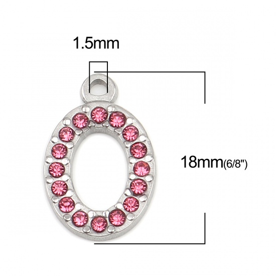 Picture of 304 Stainless Steel Charms Oval Silver Tone Pink Rhinestone 18mm x 12mm, 2 PCs