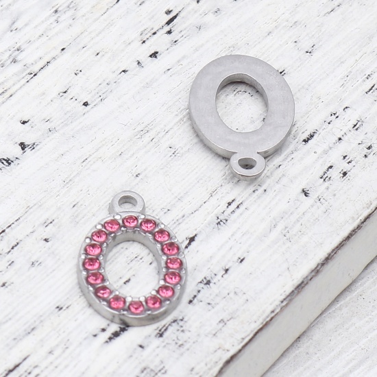 Picture of 304 Stainless Steel Charms Oval Silver Tone Pink Rhinestone 18mm x 12mm, 2 PCs