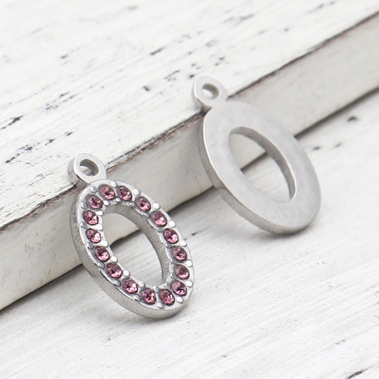 Picture of 304 Stainless Steel Charms Oval Silver Tone Pale Lilac Rhinestone 18mm x 12mm, 2 PCs