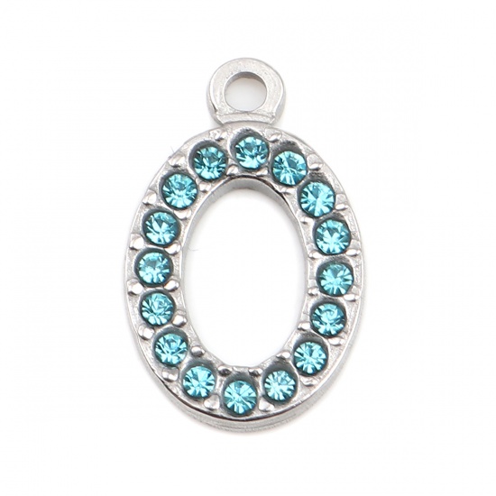 Picture of 304 Stainless Steel Charms Oval Silver Tone Light Blue Rhinestone 18mm x 12mm, 2 PCs