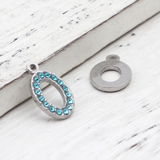 Picture of 304 Stainless Steel Charms Oval Silver Tone Light Blue Rhinestone 18mm x 12mm, 2 PCs