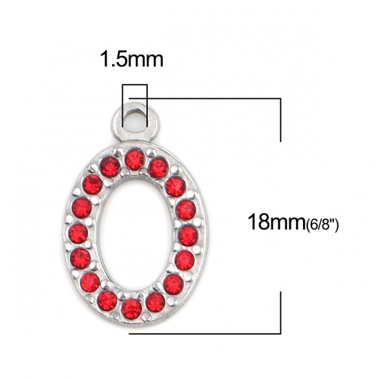Picture of 304 Stainless Steel Charms Oval Silver Tone Red Rhinestone 18mm x 12mm, 2 PCs