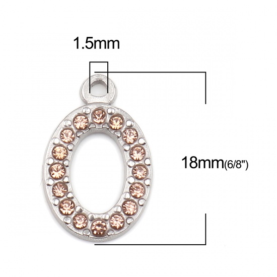 Picture of 304 Stainless Steel Charms Oval Silver Tone Light Orange Rhinestone 18mm x 12mm, 2 PCs