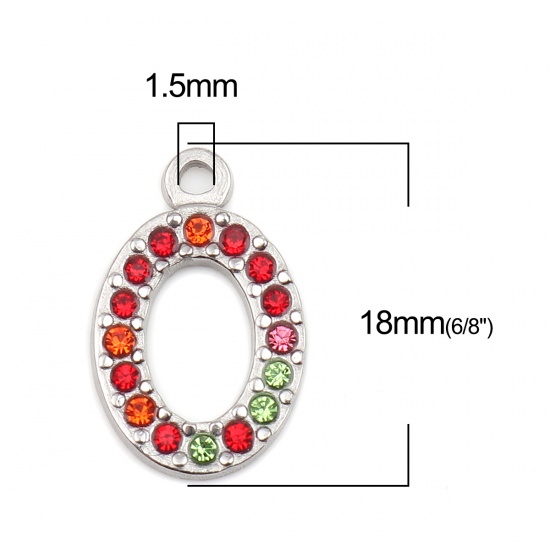 Picture of 304 Stainless Steel Charms Oval Silver Tone Multicolor Rhinestone 18mm x 12mm, 2 PCs