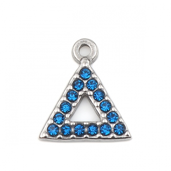 Picture of 304 Stainless Steel Charms Triangle Silver Tone Dark Blue Rhinestone 15mm x 13mm, 2 PCs